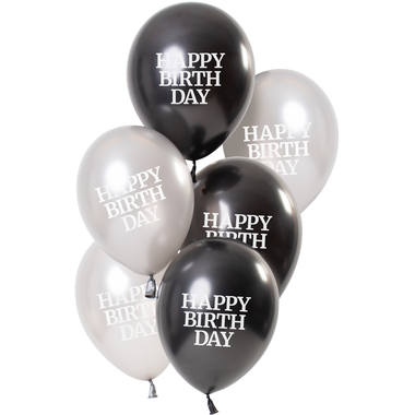 Balloons Glossy Black 'Happy Birthday' 23cm - 6 pieces 1
