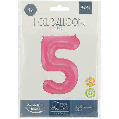 Roze Metallic Mat Folieballon Cijfer 5 - 86cm 3