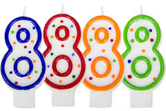 Candela numero 8 di compleanno - bianca con punti colorati