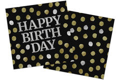 Serwetki Glossy Black 'Happy Birthday' 33x33cm - 20 sztuk