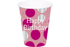 Cups Glossy Pink 'Happy Birthday' 250ml - 8 pieces